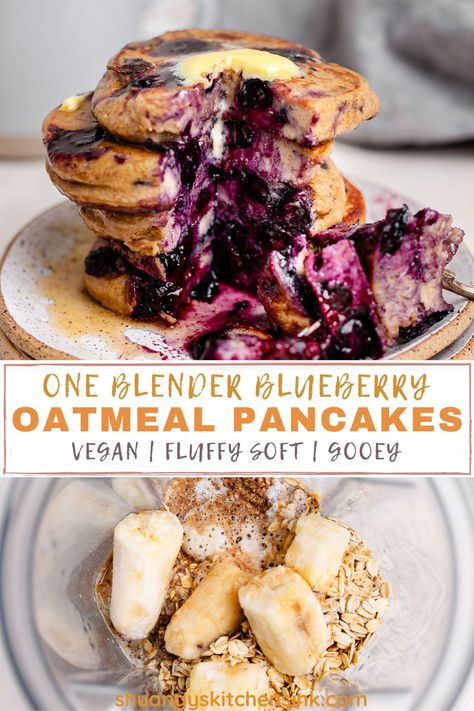 Vegan Blueberry Oatmeal Pancakes | This is the best vegan blueberry oatmeal pancake mix that is naturally gluten-free and easy to make. Sweetened naturally by bananas and juicy blueberries, these vegan oatmeal pancakes make the best healthy breakfast. | #veganrecipe #oatmealpancakes #veganpancakes #veganbreakfast #blueberrypancakes #blueberryrecipe Vegan Oatmeal Pancakes, Blueberry Oatmeal Pancakes, Vegan Blueberry Pancakes, Oatmeal Pancake, Oatmeal Blueberry, Best Healthy Breakfast, Blueberry Oat, Vegan Oatmeal, Blueberry Oatmeal