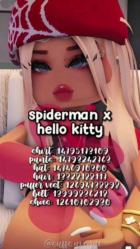 ☆ Yk2 Outfits, Spiderman Girl, Spiderman Outfit, Blocksburg Outfit Codes￼, Preppy Decal, Code Clothes, Hello Kitty Clothes, Black Hair Roblox, Aesthetic Roblox Royale High Outfits