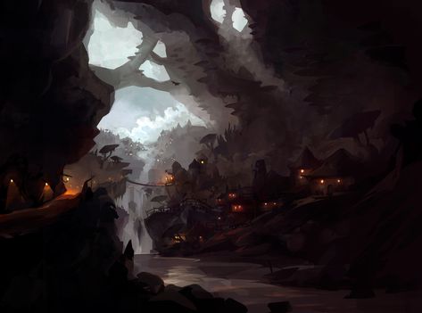 Goblin Town, Yaroslav Golubev on ArtStation at https://www.artstation.com/artwork/9eDEAq Cave City Concept Art, Village Concept Art, Goblin Town, Goblin Village, Goblin Aesthetic, Fantasy Cities, Underground City, Egypt Concept Art, Fantasy Au