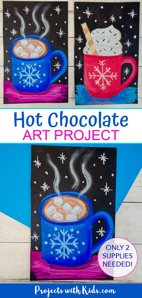 Christmas Art Projects For First Grade, Christmas Art Lessons For Kindergarten, Kindergarten December Art, Christmas Art Activity For Kids, Hot Cocoa Art Project, New Years Painting Ideas For Kids, Ice Skating Art Projects For Kids, Winter Holiday Art Projects For Kids, Oil Pastel Christmas Art For Kids