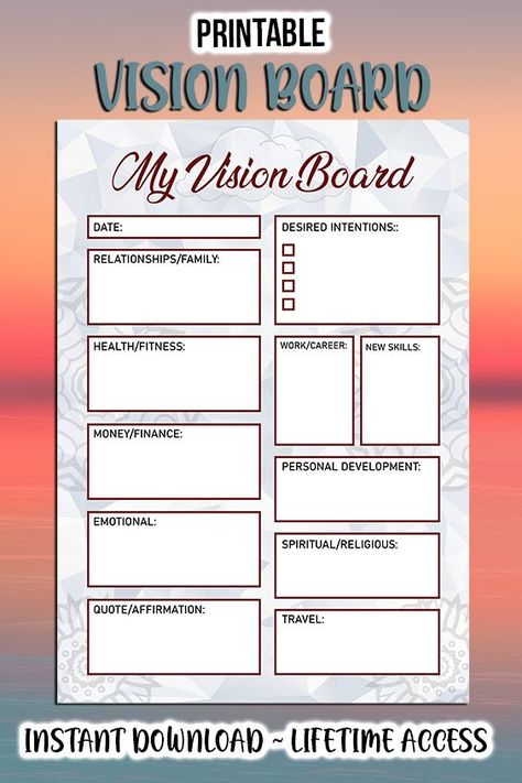 PRINTABLE Vision Board Goal Setting Self Love, Energy, Gratitude, Abundance, Instant Download Digital Worksheet- you'll get all 5 colors to download instantly so you can choose your favorite or mix and match while you visualize your goals and affirmations. This item is a Digital Download - NO PHYSICAL ITEM WILL BE SENT FILES YOU WILL RECEIVE: ► 5 ZIP Files (one for each color) with the following: > A4 PDF Vision Board Worksheet > Letter PDF Vision Board Worksheet Vision Board Worksheet, Goal Setting Vision Board, Vision Board Printables, Etsy Planner, Vision Board Template, Happy Planner Cover, Planner Setup, Vision Board Goals, Sales Techniques