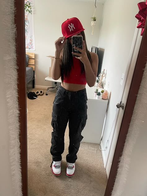 Bred 1s Outfit Women, Latina Shein Outfits, Red Latina Outfit, Red Jordan 11 Outfit Women, Red Outfits For School, Red Cement 4s Outfit, Red Outfit Streetwear, Cute Jordan Outfits, Red Shoes Outfits For Women