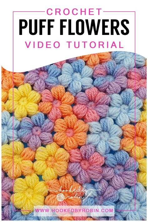 Crochet Puff Flowers & How to Join As You Go [Free Video Tutorial & Written Pattern!] — Hooked by Robin How To Join Crochet Puff Flowers, Crochet Puffy Flowers Tutorial, How To Make Puffy Crochet Flowers, Crochet Puff Flower Tutorial, Crochet Puff Flowers Free Pattern, Flower Crochet Patterns, Hooked By Robin, Shawl Scarf Crochet, Puff Flower