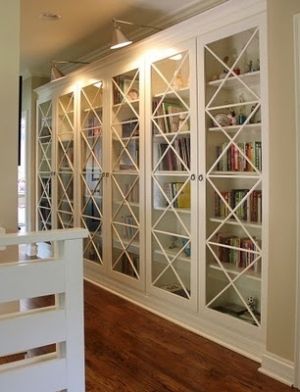 IKEA Billy bookcases with glass doors and added molding for a custom look. - MyHomeLookBook by stevieb50 Billy Ikea, Contemporary Family Room, Bookcase With Glass Doors, Ikea Billy Bookcase, Ikea Billy, Built In Bookcase, Door Ideas, Family Room Design, Home Library