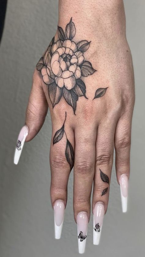 Flower Tattoos Meanings, Left Hand Tattoo, Symbolism And Meanings, Side Hand Tattoos, Thumb Tattoos, Chrysanthemum Tattoo, Hand And Finger Tattoos, Hand Tats, Muster Tattoos