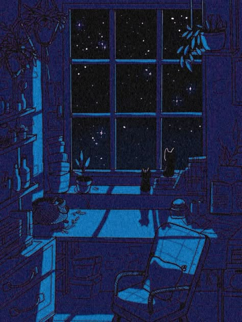 Night Aesthetic Illustration, Room At Night Illustration, Night Window Illustration, Night Background Drawing, Night Room Illustration, Nighttime Drawing, Night Time Paintings, Living Room At Night, Night Bedroom