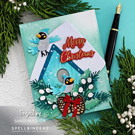 Spellbinders Snowcapped Holidays Hand Made Christmas Card - Sandi MacIver - Card making and paper crafting made easy School Christmas Cards, Spellbinders Christmas Cards, Spellbinders Cards, Luxury Card, Card Making Supplies, Holiday House, Card Making Tutorials, Bird Cards, Christmas Stamps