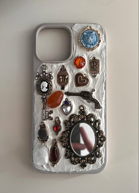 Vintage Cases Phone, Caulk Phone Case, Phone Cases Charms, Trinket Phone Case, Plaster Phone Case, Charms Phone Case, Maximalist Phone Case, Silicone Phone Case Diy, Memor Phone Cases