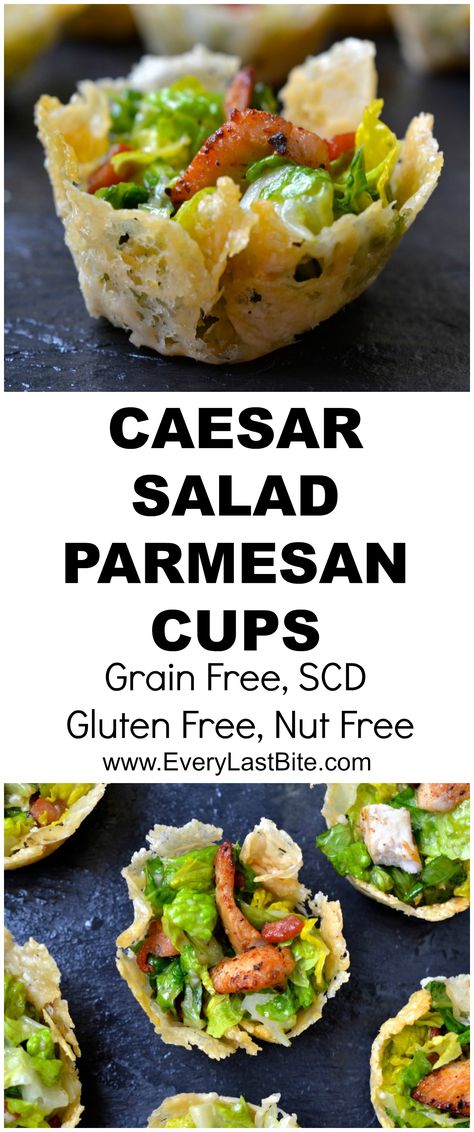 Caesar Salad Parmesan Cups | Every Last Bite Caesar Salad Cups, Salad Parmesan, Brunch Party Menu, Parmesan Cups, Chicken Caesar Pasta Salad, Specific Carbohydrate Diet, Everyday Dishes, Carbohydrate Diet, Low Carbohydrate Diet