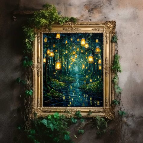 Boho Living Room Decor Ideas for a Cozy Casual Hom Forest Dark Academia Aesthetic, Gothic Wall Painting, Dark Forestcore Bedroom, Dark Moody Artwork, Green Witch Home Decor, Dark Moody Painting, Dark Green Wall Art, Dark Academia Aesthetic Decor, Dark Academia Office Decor