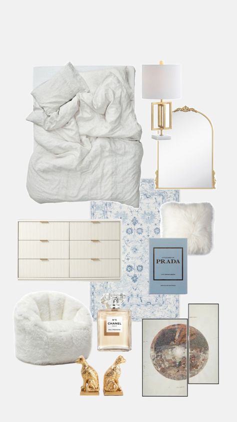 bedroom, blue, rug, chair, gold, decor, perfume, wall art, dresser, rug, prada, mirror, comforter, lamp, white, cute, trendy Perfume Wall, Bedroom Blue, Gold Decor, Bedroom Inspo, Blue Rug, Room Inspo, Fashion Blog, Prada, Dresser