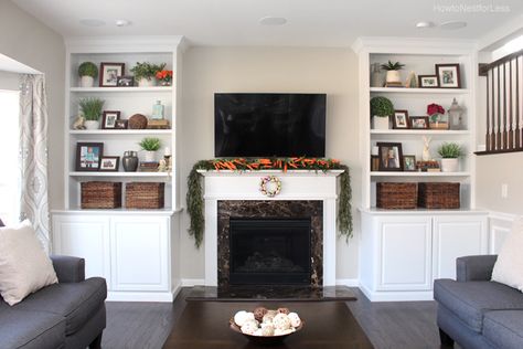 Flush Fireplace Wall Built Ins, Fire Place Side Cabinets, Firekplace Next To Tv Cubby, Electric Fireplace Insets With Side Shelves, Book Cases On Both Sides Of Fireplace 3feet Wide X 3ft.1/2tall, Charcoal Couch, Sauder Oak Bookcase, Bookshelves Around Fireplace, Fireplace Bookcase