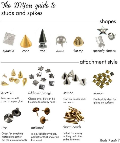 ☛ DIYers Guide to Studs and Spikes ☛ Diy Goth Accessories, Beading Accessories, Vest Ideas, Punk Fashion Diy, Studs Diy, Punk Culture, Studs And Spikes, Punk Patches, Diy Jacket