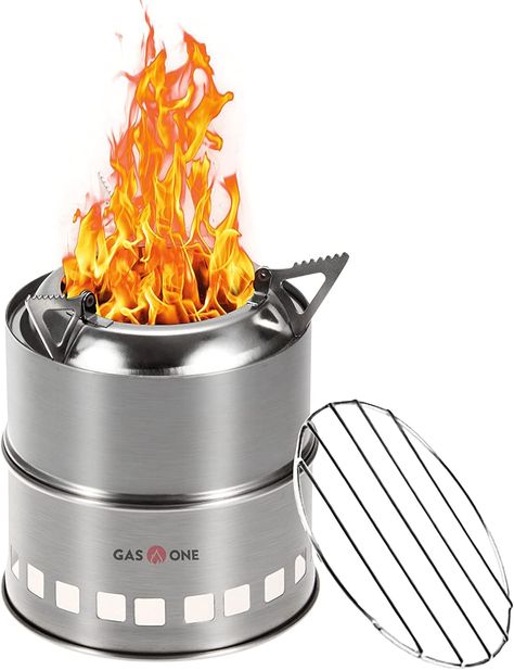 Gas One Camping Stove - Wood Stove Stainless Steel Portable Stove with Alcohol Tray Potable Wood Burning Stoves for Picnic BBQ Camp Hiking with Grill Grid Wood Burning Camp Stove, Camping Fire Pit, Wood Burning Stoves, Large Fire Pit, Portable Stove, Fire Pokers, Picnic Bbq, Grill Rack, Portable Fire Pits