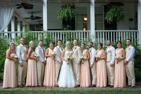 Peach and tan wedding party | peach bridesmaid dress | Summer wedding | north GA wedding | barn wedding | Southern elegant wedding | rustic wedding Tan And Peach Wedding, Beige And Peach Wedding, Khaki Wedding Theme, Tan Groomsmen Suits Champagne Bridesmaid Dresses, Tan Wedding Party, Peach Wedding Theme Groomsmen, Light Peach And Ivory Wedding Theme, Peach Groomsmen, Light Pink And Tan Bridesmaid Dresses