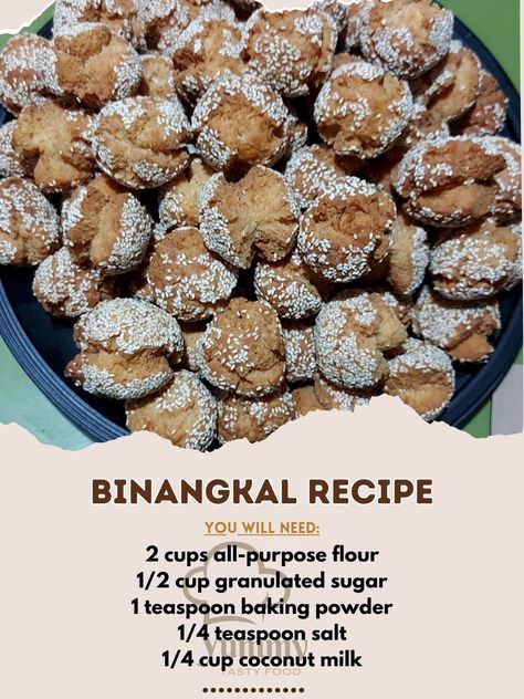 Binangkal Recipe Ingredients: 2 cups all-purpose flour 1/2 cup granulated sugar 1 teaspoon baking powder 1/4 teaspoon salt 1/4 cup coconut milk 1/4 cup water 1/2 teaspoon vanilla extract Oil for frying Granulated sugar for coating Prep Time: 15 minutes Cook Time: 20 minutes Total Time: 35 minutes Makes: 12-15 pieces Directions: In a mixing bowl, combine the all-purpose flour, granulated sugar, baking powder, and salt. Mix well. Add the coconut milk, water, and vanilla extract to the dry ... Binangkal Recipe, Deep Frying Pan, Frying Oil, Granulated Sugar, Coconut Milk, Purpose Flour, Baking Powder, Flour, Vanilla Extract