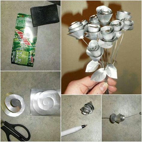 I have to make this.. to awesome.. Roses forever Soda Can Flowers, Pop Can Crafts, Lon Bia, Tin Can Flowers, Soda Can Art, Soda Can Crafts, Aluminum Foil Art, Crate Furniture Diy, Tin Can Art