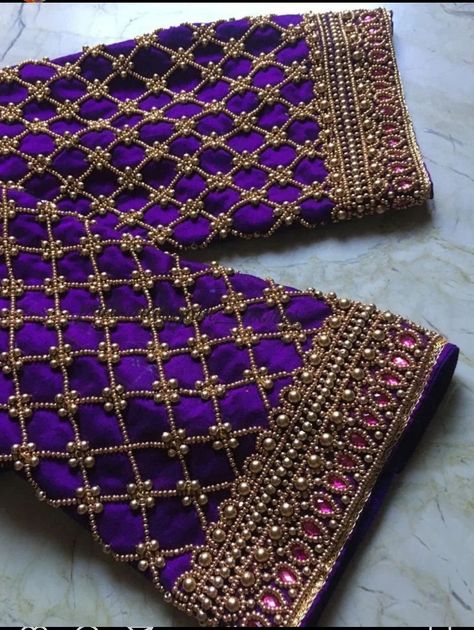 Purple Color Aari Blouse Designs, Violet Colour Blouse Aari Work Designs, Purple Blouse Aari Work Design, Purple Blouse Work Designs, Mirror Blouse Design, Exclusive Saree Blouse Designs, Paithani Blouse, Magam Work Designs, Mirror Work Blouse Design