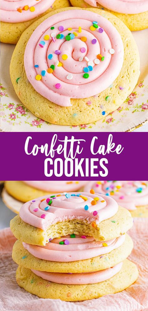 Crumble Confetti Cookie, Crumbl Confetti Cookie Copycat, Crumbl Confetti Cookies, Crumbl Cream Cheese Frosting, Pink Confetti Cake, Crumbl Recipes, Cookies Crumbl Copycat, Confetti Cake Cookies, Cookies Crumbl