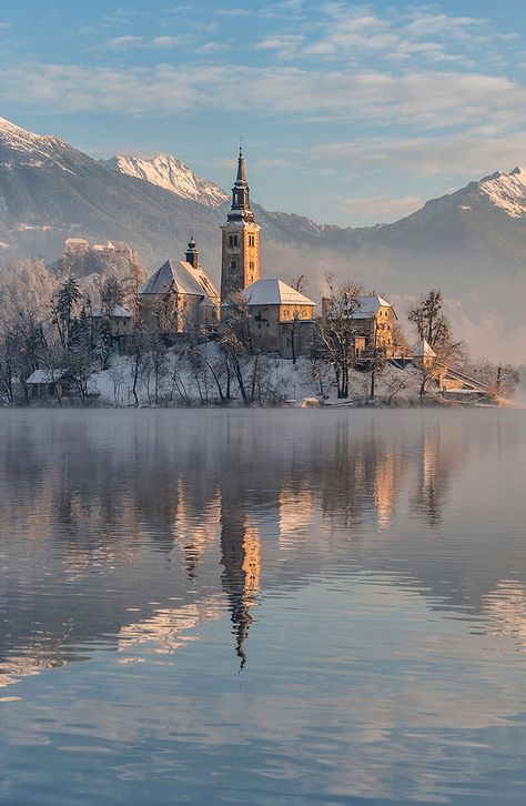 Bled, Slovenia Blue Water Wallpaper, Lake Bled Slovenia, Bled Slovenia, Slovenia Travel, Lake Bled, Winter Photos, Water Art, Beautiful Castles, Nature Landscape