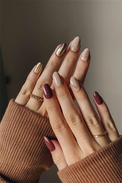 Embrace the essence of fall with these cozy, simple nail ideas that encapsulate the beauty of autumn. Picture deep burgundy nails adorned with delicate gold accents, reflecting the changing leaves and warm evenings. This style is not only chic but also effortless, perfect for any fall gathering. Discover how such simple nail ideas can elevate your seasonal look while keeping things classy and understated! Simple Acrylic Nails Autumn, Monochromatic Fall Nails, Almond Short Nails Fall, Pretty Almond Nails Fall, Acrylic Nail Designs Fall Colors, Natural Nails Fall Design, Autumn Nail Designs Simple, Transition Into Fall Nails, Nails Wide Nail Bed