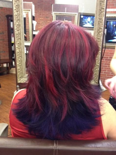 Red streaked hair with dark purple ombre, done by Zoe Salon in Fair Oaks VA, May 2013 (my photo). Red Hair With Purple Tips, Red Streaked Hair, Red Purple Hair Dye, Streaking Hair, Red Hair With Purple, Ombre Hair Red, Root Fade, Purple Hair Streaks, Hair With Purple