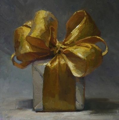 - Love oversized bows.. you almost don't want to open the presents!! #indigo #magicalholiday Karen Appleton, Present Box, Daily Painting, A Present, Painting Still Life, Christmas Paintings, Touch Of Gold, Mellow Yellow, Still Life Painting