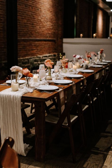 Farm Tables With Bud Vases, Harvest Table Wedding Bud Vases, Harvest Table Wedding Centerpieces, Wood Tables Wedding Reception, Rectangular Wedding Tables, Candles And Bud Vases Long Table, Bud Vases Rectangle Table Wedding, Minimalist Tablescape Wedding, Long Farm Table Wedding Decor