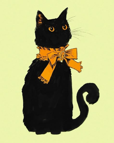 Vintage Fish Poster, Black Cat Drawing, Yellow Artwork, Black Cat Tattoos, Black Cat Art, Art Tools Drawing, Retro Cats, Art Collage Wall, Cat Illustration