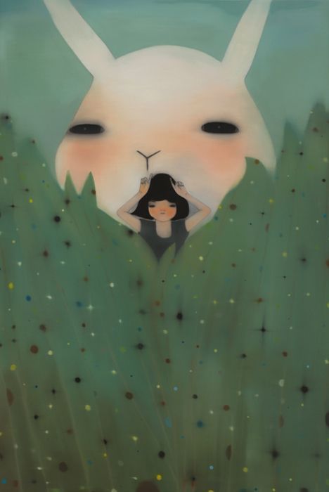 Hanna Kim | OIL | Yes I am a Rabbit Hanna Kim, A Bunny, A Girl, Oil On Canvas, Stars, Canvas, Green, Art