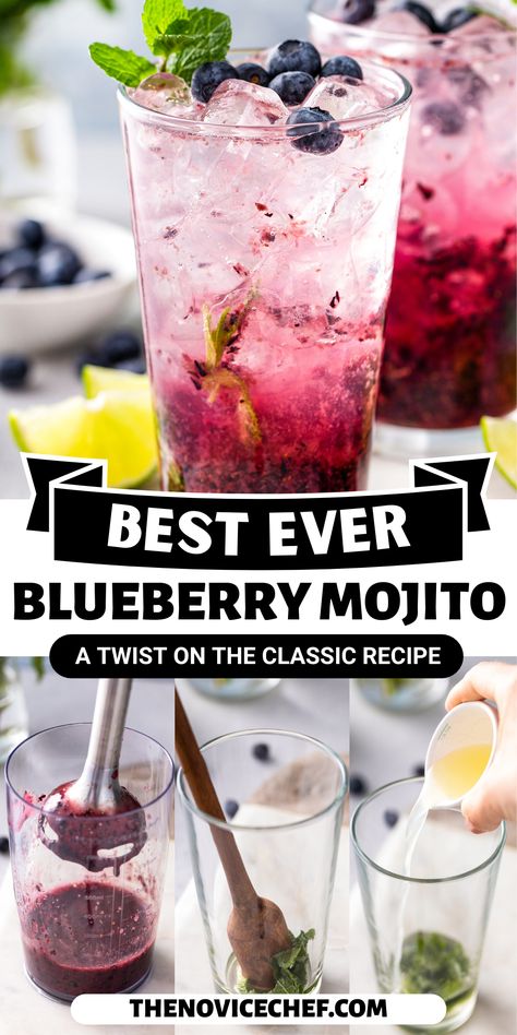 Bright blue and fruity, this easy blueberry mojito is packed with white rum, lime juice, and lots of ice for a refreshing summer cocktail. Topped with club soda for a bit of fizziness, you'll love every minty sip. Summer Mojito Recipe, Blueberry Mojito Pitcher, Summer Mojito, Mojito Pitcher, Blueberry Mojito Recipe, Vodka Mojito, Pomegranate Mojito, Blueberry Gin, Mojito Ingredients