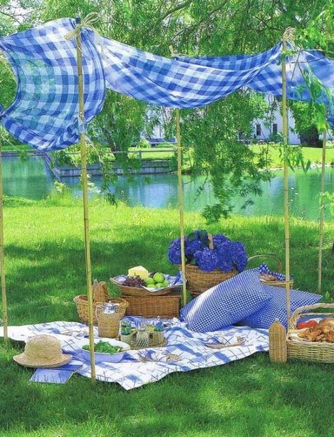 Summer Alfresco . . . I want a summer picnic like this Deco Champetre, Romantic Picnics, Perfect Picnic, Picnic Time, Outdoor Picnic, Picnic Party, A Picnic, Blue Gingham, Outdoor Picnics