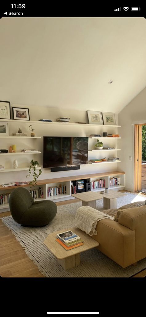 Tv Shelving, Shelf Decor Living Room, Bookshelves In Living Room, Stone Coffee Table, Living Room Shelves, Table Tv, Apartment Decor Inspiration, Living Room Tv Wall, Apartment Inspiration