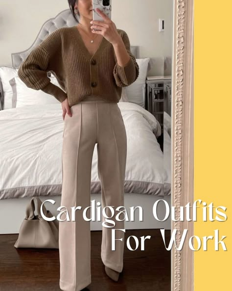 Work Outfits With Cardigans, Oversized Cardigan Work Outfit, Cropped Cardigan Outfit Work, Tucked Cardigan Outfit, Cardigan Button Up Outfit, Oversized Cropped Cardigan Outfit, Cardigan Slacks Outfit, Oversized Button Cardigan Outfit, Cardigan Women Outfit