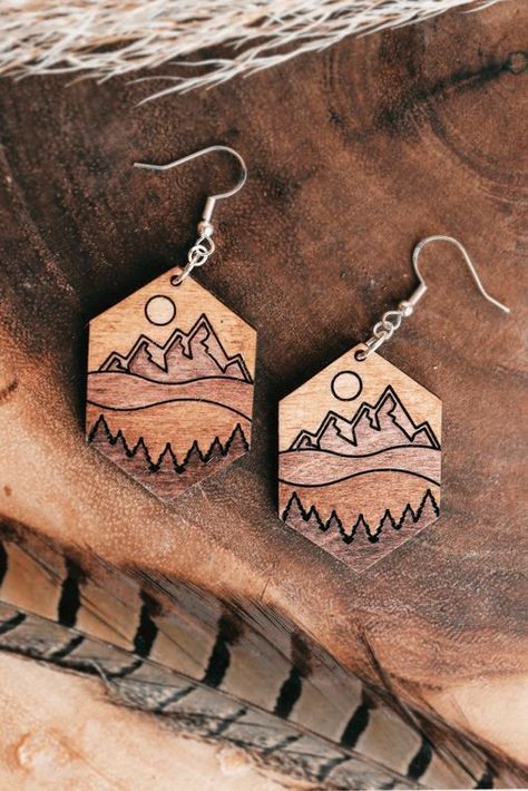 Visit The Pin To Get Instant Access Over 16,000 Wood Working Plans Now! #woodworkings #lathework #woodworkingporn #woodworkinglife #woodworkingtips #beginerwoodworking #woodworkingprojects #woodworkingideas #woodworkingdecorative #projectswoodworking #woodworkingplans #woodworkingtips Scene Earrings, Colorado Rocky Mountains, Wood Jewelery, Laser Cut Wood Earrings, Wood Dangle Earrings, Woodburning Projects, Wood Slice Art, Wood Burning Ideas, Laser Engraved Ideas