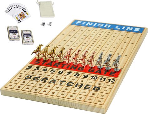 Grhonior Finish LINE Horse Racing Board Game Race Board Game is Equipped with 11 Luxury metalcraft Horses Thickened Pine Game Chessboard Including 2 Sets of dice and 2 Boxes of Cards Finish Line Race, Horse Racing Game, Horse Race Game, Derby Horse, Wood Games, Derby Day, Metal Models, Hobby Games, Racing Games