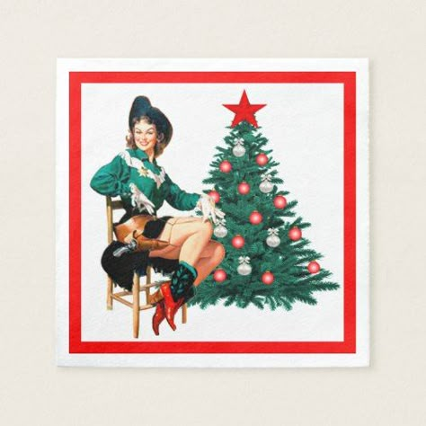 Vintage Cowgirl With Christmas Tree On White Napkin Vintage Christmas Party, Christmas Paper Napkins, Kitsch Christmas, Horse Party, Christmas Portraits, Cowboy Theme, Romantic Christmas, Vintage Xmas, Cowboy Christmas