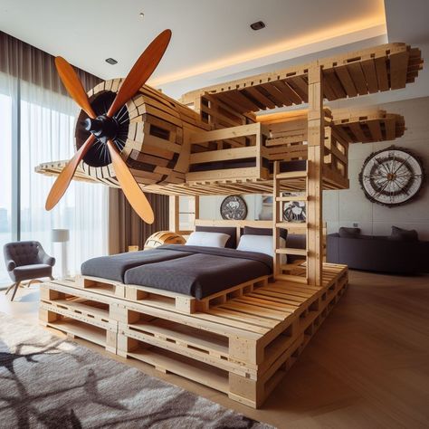 Unlocking Adventure: The Allure of a Propeller Plane-Inspired Pallet Bunk Bed Boys Loft Beds, Pallet Bunk Beds, Luxury Kids Bedroom, Propeller Plane, Bed Stand, Vintage Aviation, Design Innovation, Bed Ideas, Metal Projects