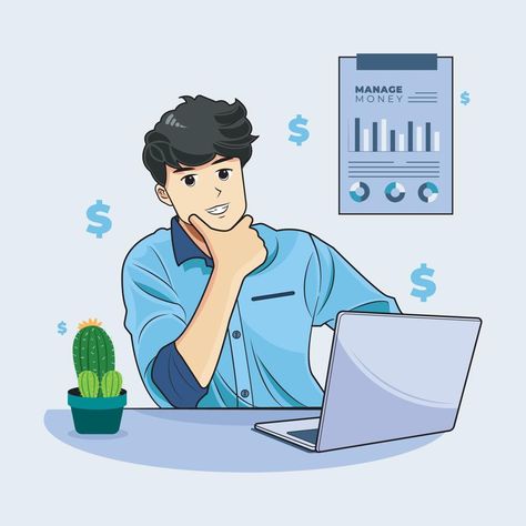 Manage money concept. Young business man thinking about business idea vector illustration pro download Money Animation, Man Thinking, Money Illustration, Smart Guy, Studio Images, Manage Money, Mens Smart Casual Outfits, Money Icons, Man Vector