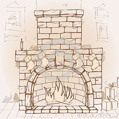 How To Draw Fireplace, Fireplace Drawing Sketch, Christmas Fireplace Art, Christmas Fireplace Illustration, Fireplace Doodle, Christmas Fireplace Drawing, Fireplace Reference, Fireplace Sketch, Fireplace Illustration