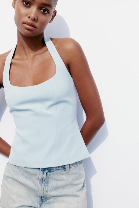 Women's Tops | ZARA United States Cropped Button Up Shirt, Blue Halter Top, Sleeveless Peplum Top, Asymmetrical Blouse, Popover Shirt, Zara Blouse, Crop Top Blouse, Crop Blouse, Boho Blouses