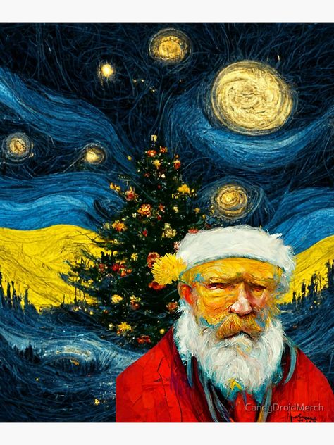 Add a touch of art and holiday cheer to your gifts and decorations with this Vincent Van Gogh Christmas Art Remake Sticker. Featuring a reimagined version of Van Gogh's famous "Starry Night" painting, this sticker showcases the iconic swirling skies and twinkling stars in a festive wintry setting. Perfect for art lovers and holiday enthusiasts alike, this sticker is a beautiful and unique way to celebrate the season. Van Gogh Christmas, Starry Night Christmas, Art Parodies, Painting Starry Night, Santa Paintings, Starry Night Painting, Night Christmas, Christmas Painting, Twinkling Stars