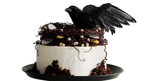 Raven's-Nest Cake Ravens Birthday Party, Raven Cake Ideas, Ravens Cake, Birds Nest Cake, Spooky Black Velvet Cake, Halloween Potluck Recipes, Bird Nest Cake Topper, Halloween Party Desserts, Buttermilk Chocolate Cake