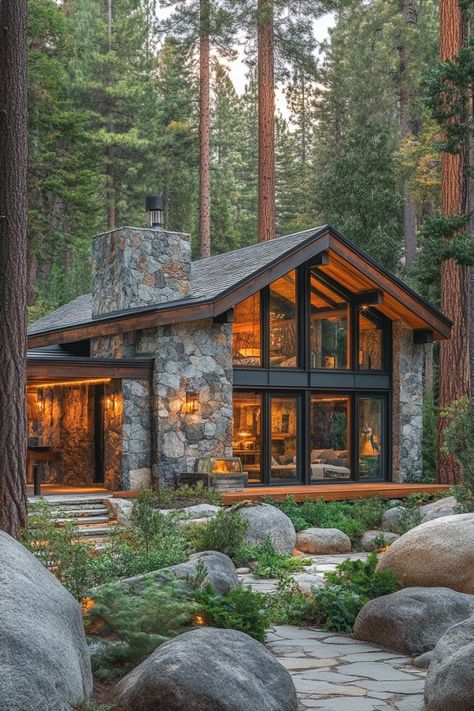 60 Gorgeous Modern Cabins Nestled in Nature Rock Cabin House, A Frame House Interior, Mountain Refuge, Lakefront Cabin, Colorado Mountain Homes, Modern Cabins, Chic Cabin, Stone Cabin, Old Schoolhouse