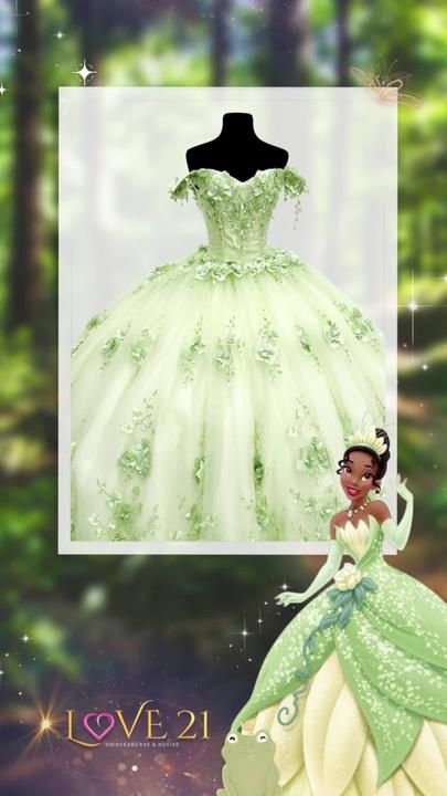 🌼💚🐸 #princesstiana XV dress inspired 🥰 consiguelo solo en love21 ... | Princess Dresses | TikTok Princess Tiana Ball Gown, Princess Tiana Wedding Dress Ball Gowns, Tiana Quince Dress, Princess Tiana Sweet 16 Ideas Dress, Tiana Quinceanera Dress, Princess And The Frog Wedding Dress, Princess Tiana Wedding Dress, Princess Tiana Prom Dress, Tiana Inspired Dress