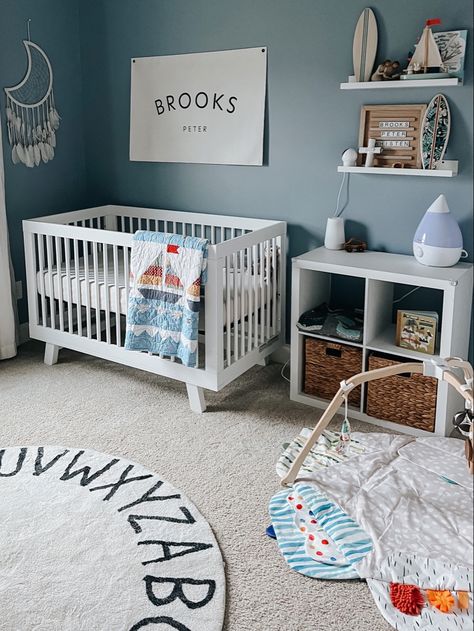 Boho Blue Nursery, Lake Nursery, Beach Theme Nursery Boy, Boy Beach Nursery, Boy Ocean Nursery, Nautical Nursery Ideas, Sea Nursery Boy, Simple Ocean Themed Nursery, Ocean Nursery Theme