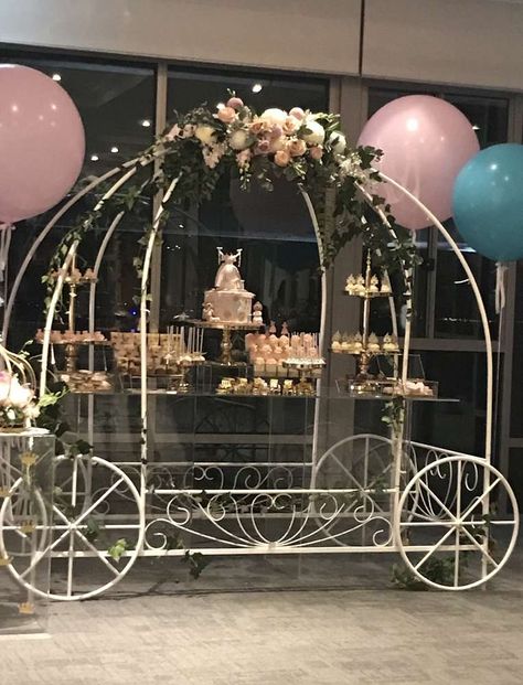 Cinderella Sleepover birthday party | CatchMyParty.com Quinceanera Party Themes, Cinderella Dessert Table, Carriage Decorations, Cinderella Carriage Diy, Dollar Tree Cinderella Carriage Diy, Cinderella Carriage Centerpiece Diy, Diy Cinderella Carriage, Carriage Candy Table, Cinderella Carriage Table