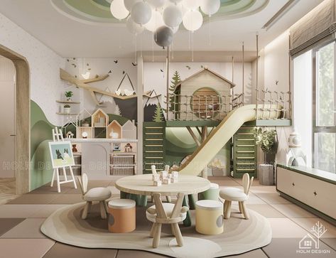 Cool Playroom Ideas Modern, Playroom Ideas Jungle Gym, Slide In Playroom, Children’s Rooms, Playroom With Slide, Children’s Playroom, Playroom Interior Design, Active Playroom Ideas, Huge Playroom