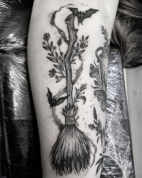 Black Cat Witch Broom Tattoo, Broomstick Tattoo Witches, Witchy Broom Tattoo, Witches Broom Tattoo, Witch Broom Tattoo, Witch Tattoo Sleeve, Woodland Tattoos, Broomstick Tattoo, Witchy Sleeve