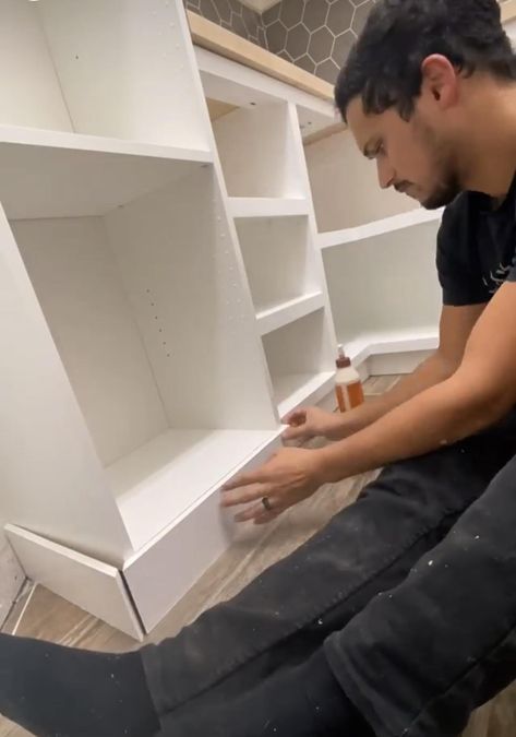 DIY Pantry Makeover With IKEA Shelves - Newbuild Newlyweds Ikea Pax Corner Pantry, Remodeling Pantry Closet, Ikea Pantry Shelves Hack, Diy Pantry Shelves With Counter, Pantry Ikea Shelves, Ikea Pantry Door, Green Pantry Shelves, Ikea Pantry Built In Hack, Pantry Using Ikea Cabinets